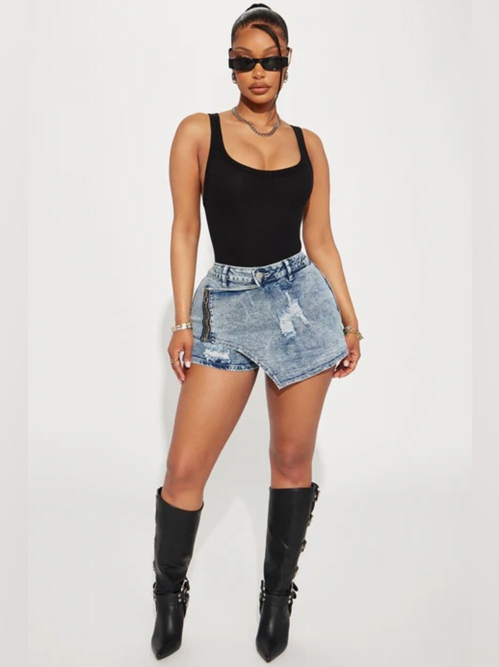 High-Rise Asymmetrical Jean Skort Shorts in Light Blue